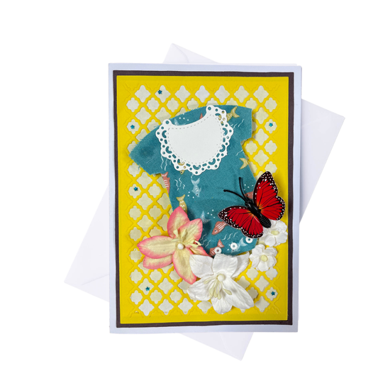 Decorative greeting card with flowers and a butterfly on a yellow lattice background