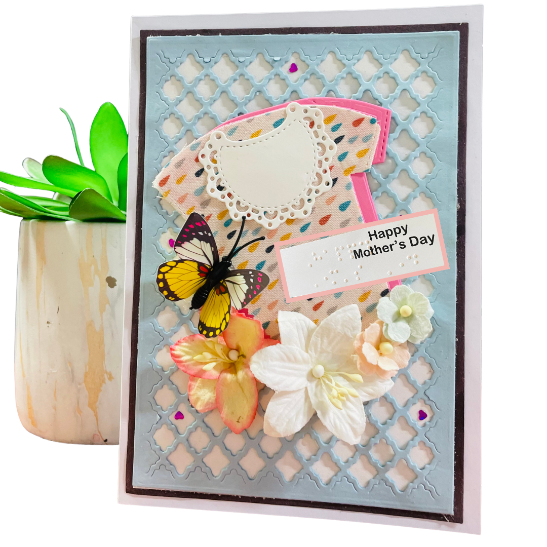 Greeting card with flowers, butterfly, and 'Happy Mother's Day' text on a decorative background.