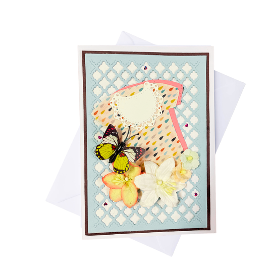 Greeting card with a butterfly and flowers on a lattice background
