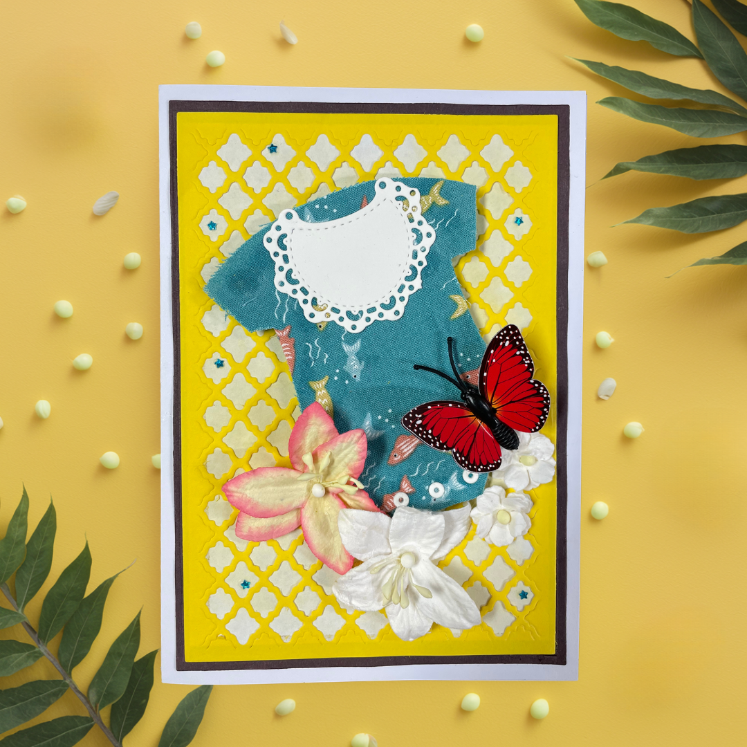 Decorative card with flowers and a butterfly on a yellow background