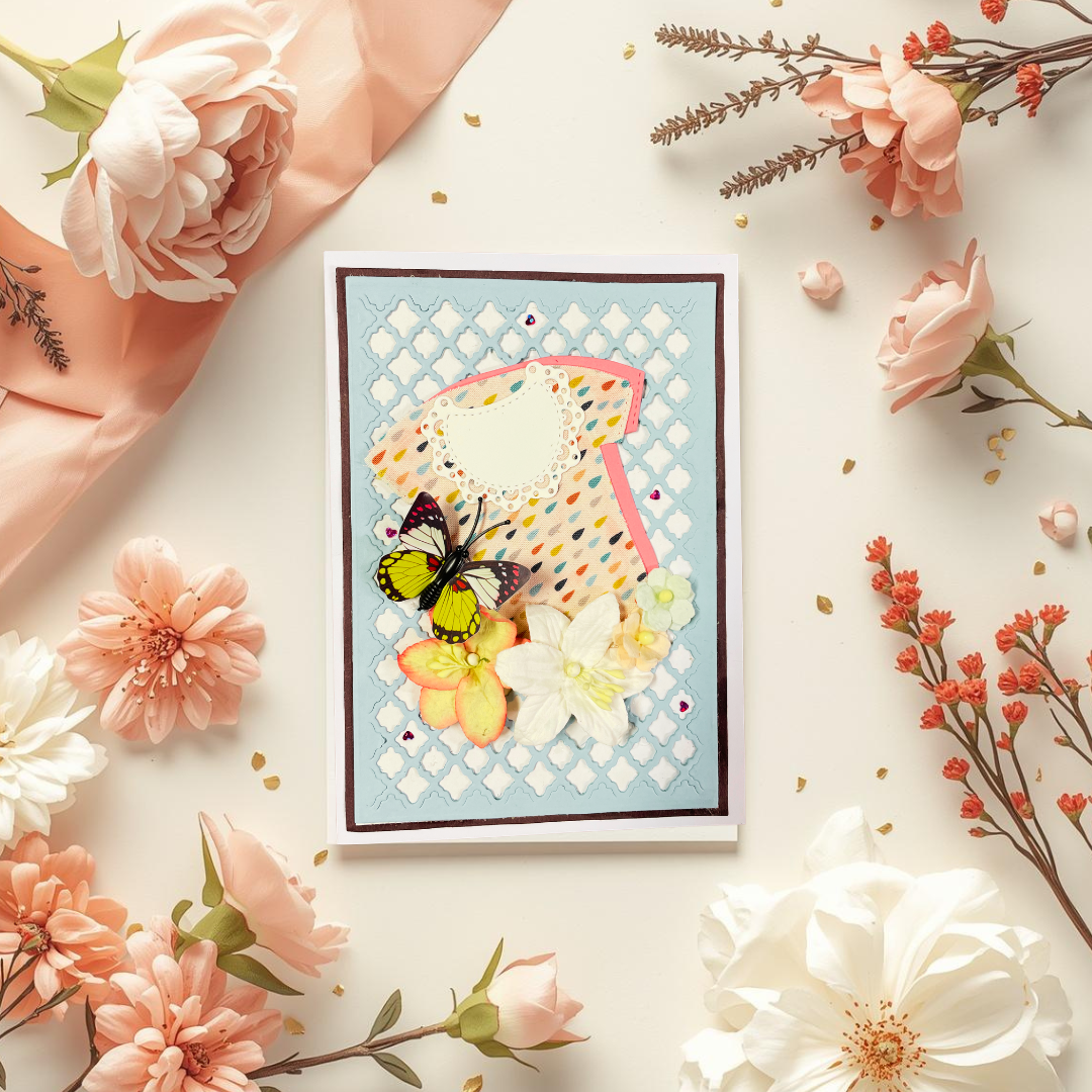 Card with butterfly design surrounded by flowers on a light background