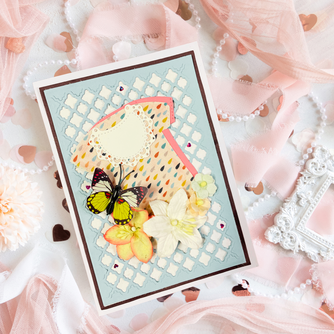 Decorative card with flowers and a butterfly on a soft pink background