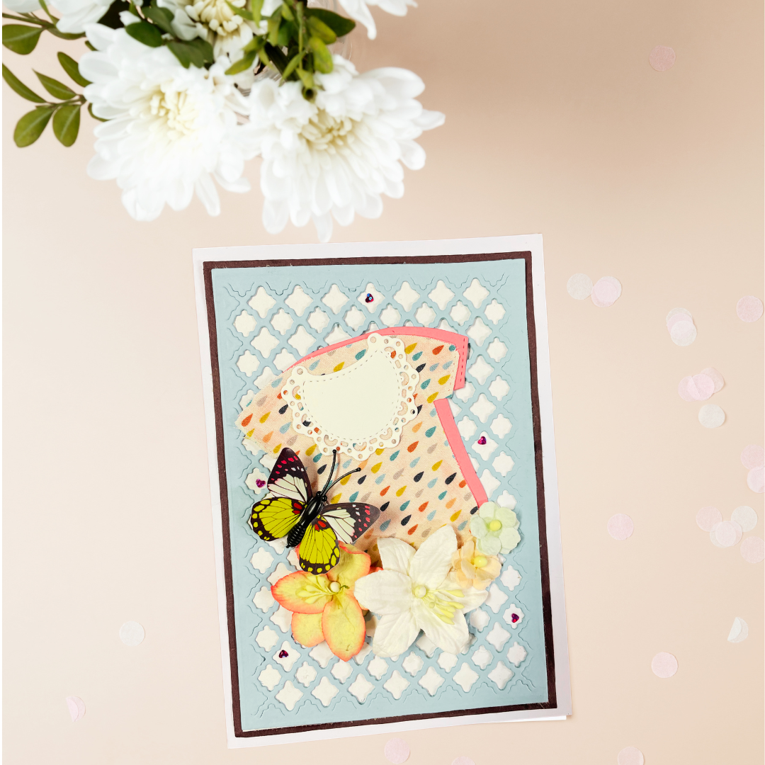 Decorative card with flowers and a butterfly on a beige background