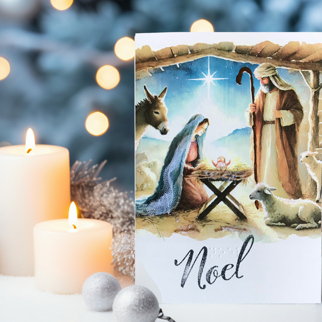 Nativity Watercolor Christmas Greeting Card Tactile Braille Large Print "Noel"