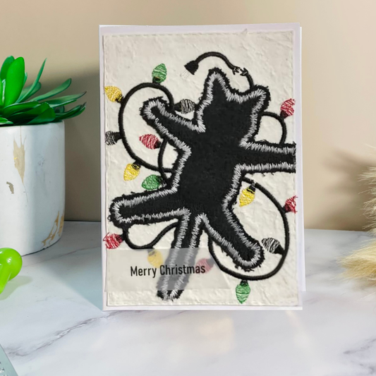 Black Christmas Cat Braille Card - Wrapped in Lights Holiday Greeting