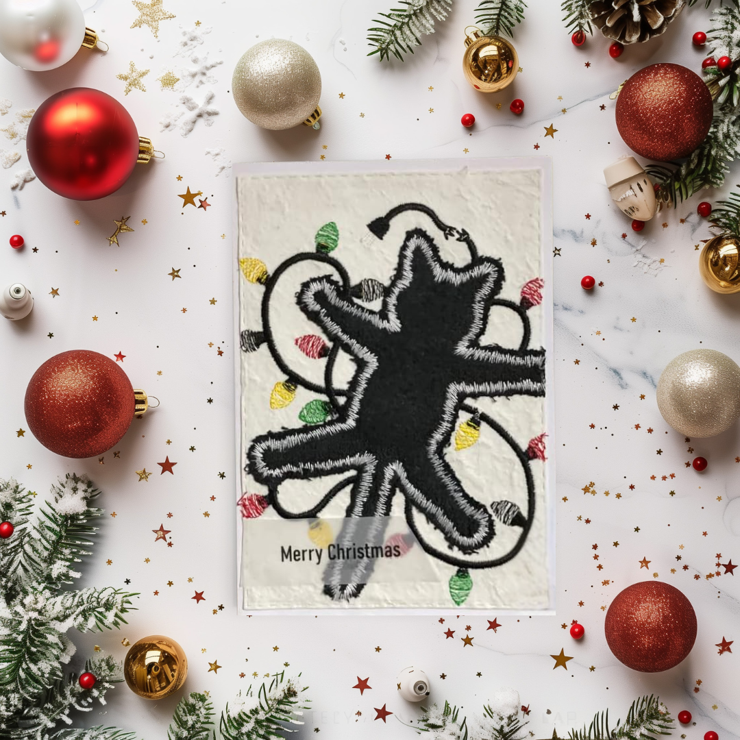 Black Christmas Cat Braille Card - Wrapped in Lights Holiday Greeting