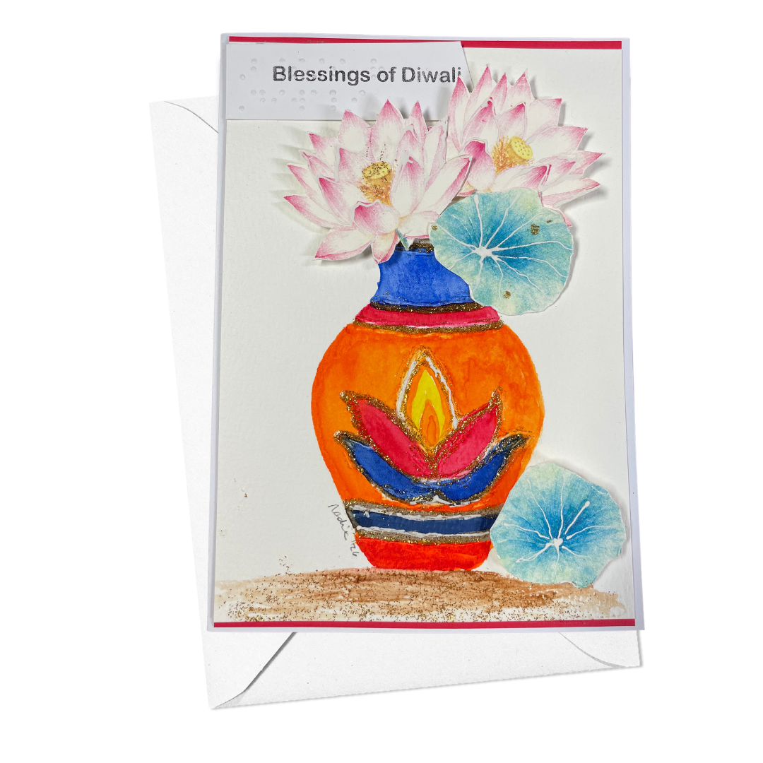 Blessings of Diwali greeting card with colorful diya pot and lotus flowers.
