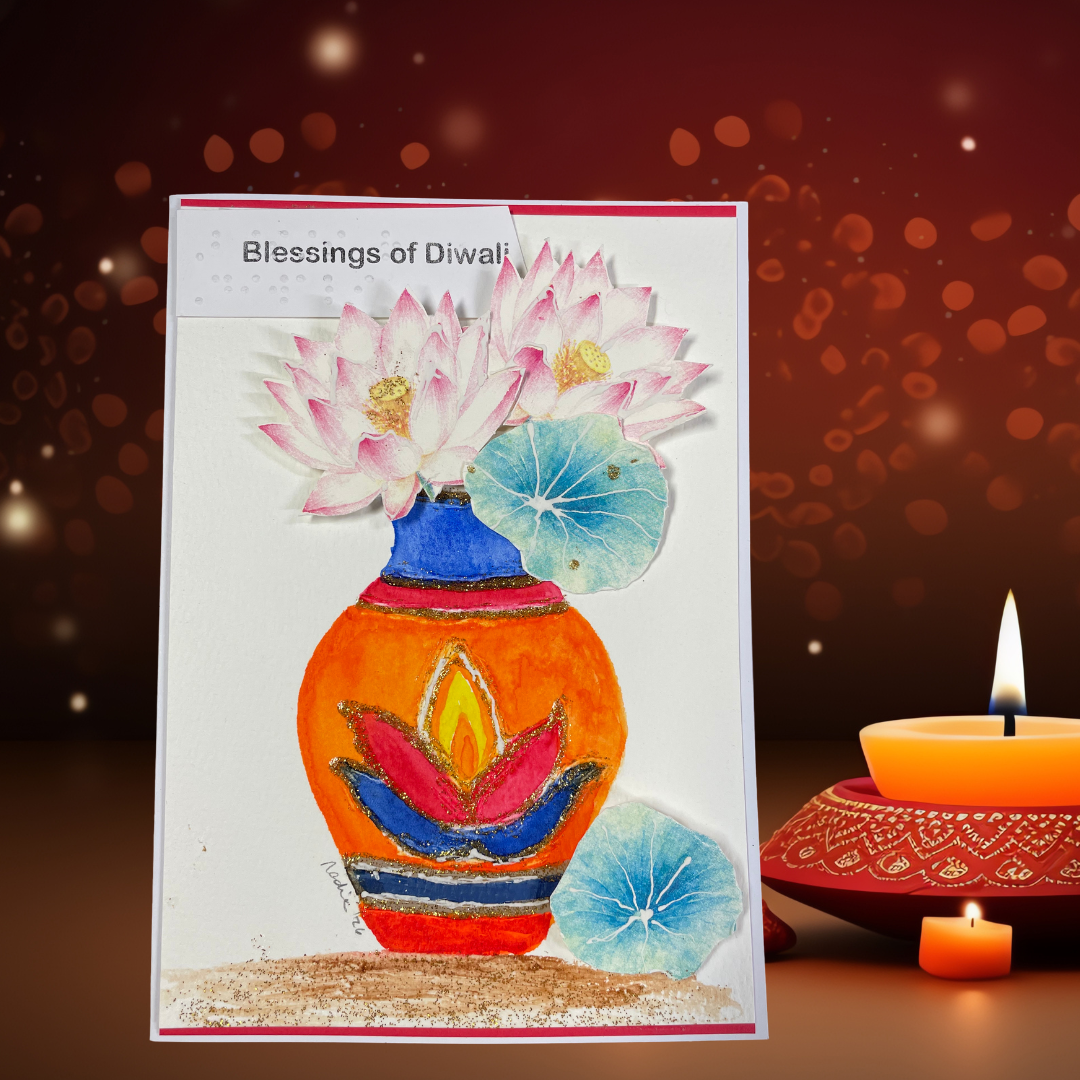 Blessings of Diwali card displayed with lit diyas.