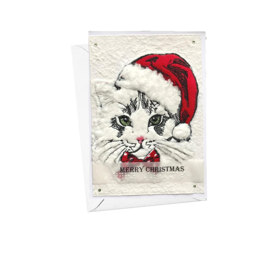 Braille Christmas Card - White Cat with Santa Hat