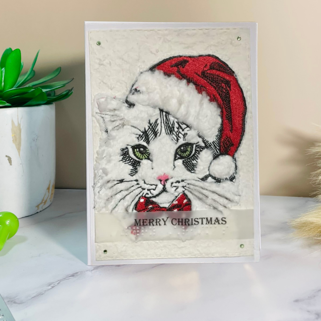 Braille Christmas Card - White Cat with Santa Hat