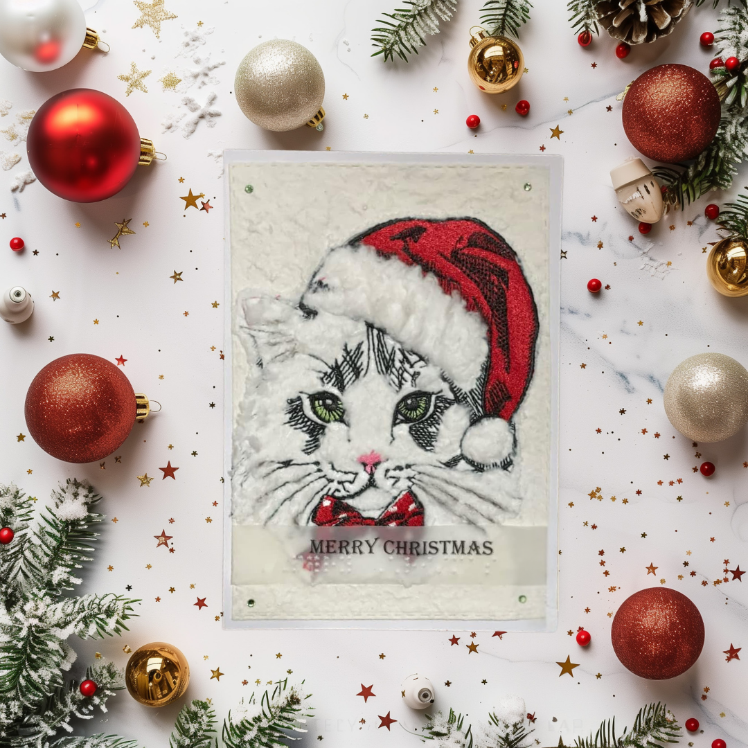 Braille Christmas Card - White Cat with Santa Hat