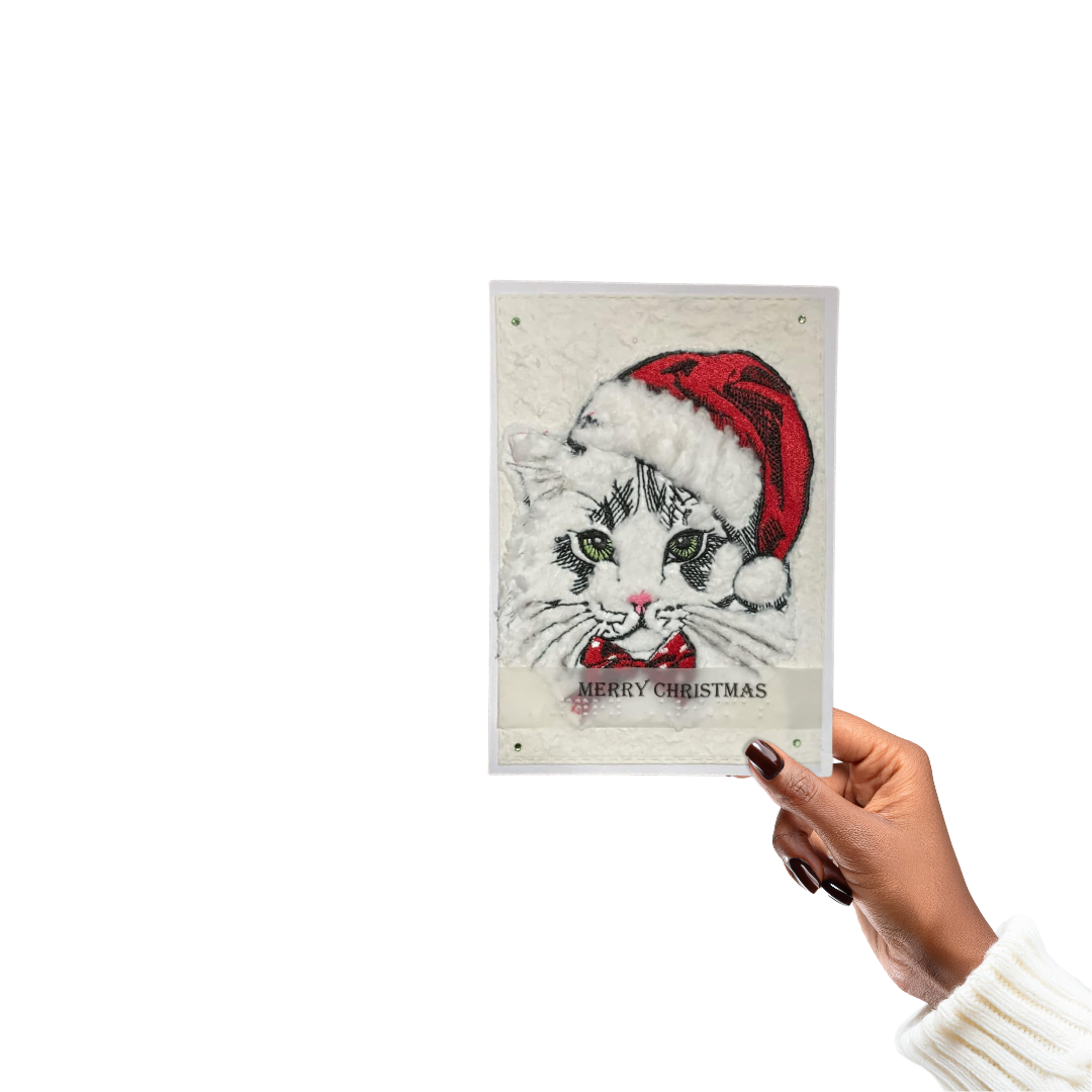 Braille Christmas Card - White Cat with Santa Hat