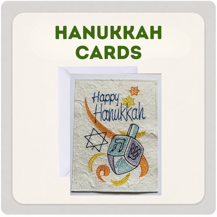 Happy Hanukkah accessible greeting card with dreidel and Star of David design.
