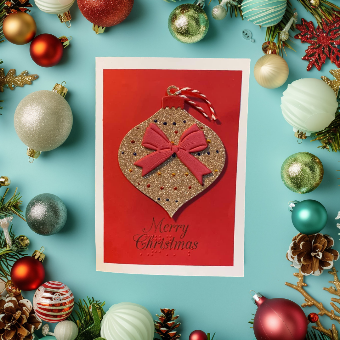 Braille Christmas Greeting Card – Tactile Ornament (Gold or Silver)