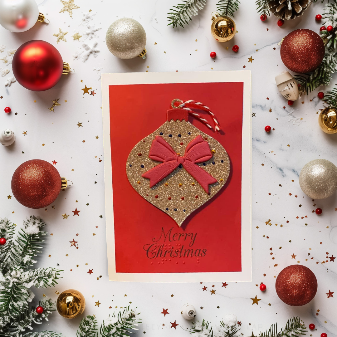 Braille Christmas Greeting Card – Tactile Ornament (Gold or Silver)