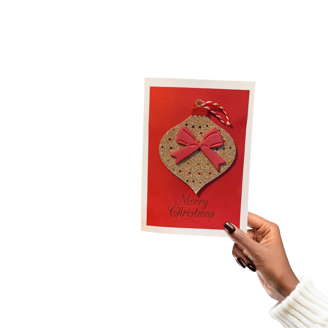 Braille Christmas Greeting Card – Tactile Ornament (Gold or Silver)