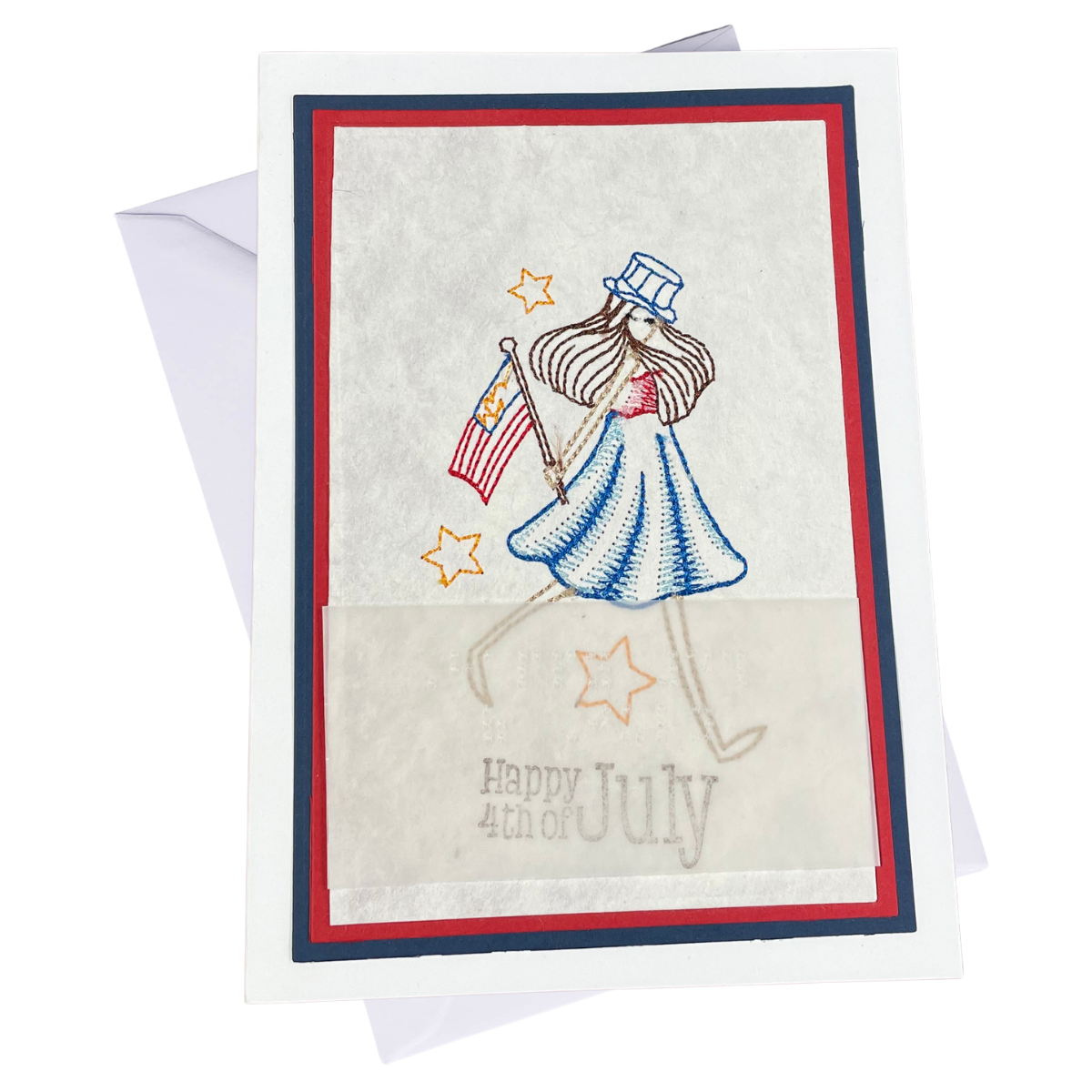 Patriotic 4th of July accessible greeting card with tactile stitched-style figure holding an American flag.
