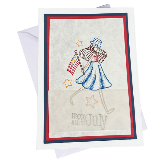 Patriotic 4th of July accessible greeting card with tactile stitched-style figure holding an American flag.
