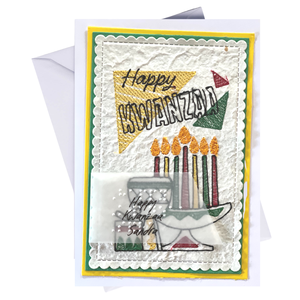 Handmade Happy Kwanzaa accessible greeting card with colorful candle imagery.