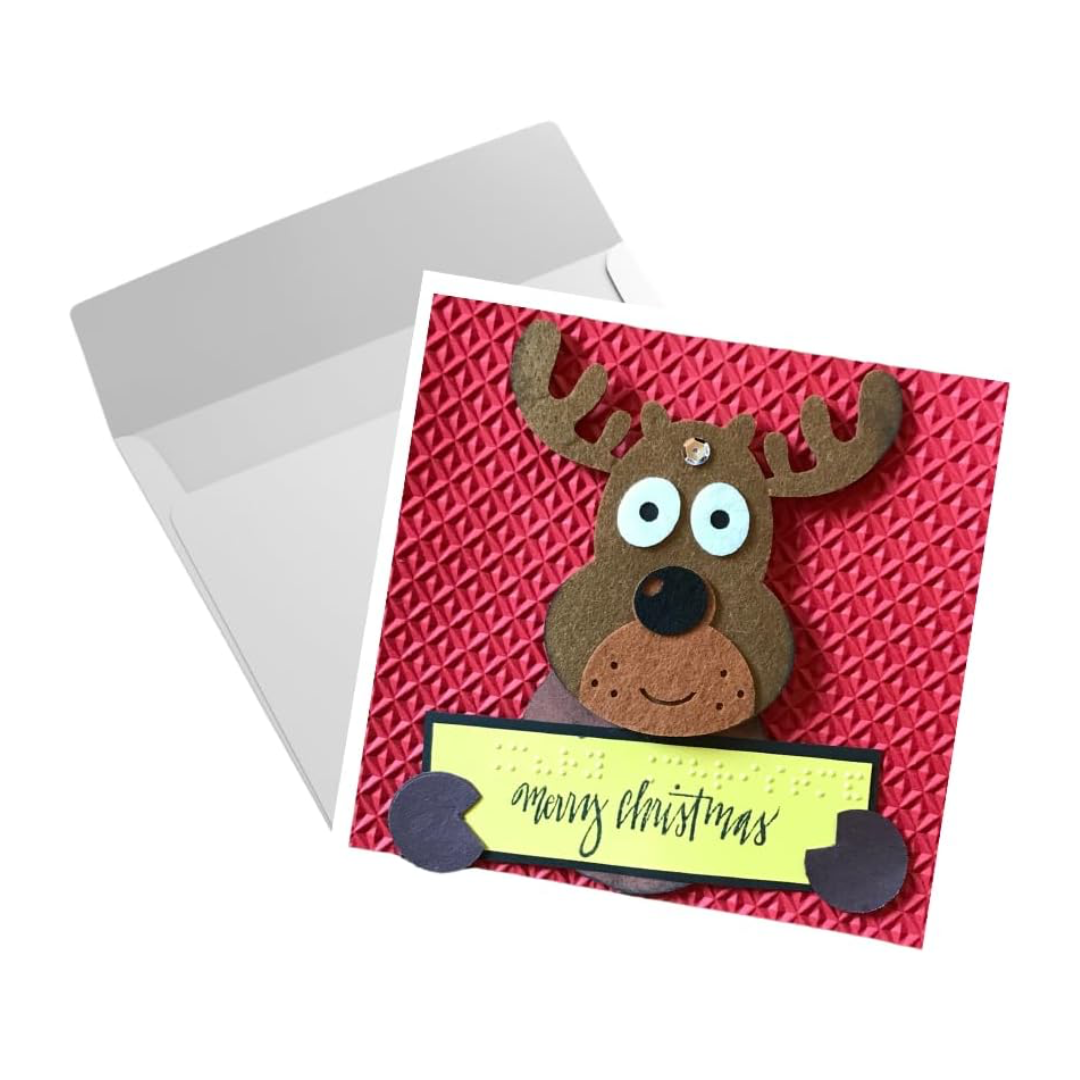 Braille Christmas Greeting Card – "Playful Reindeer with sign"