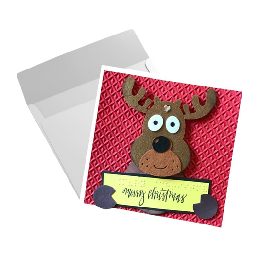Braille Christmas Greeting Card – "Playful Reindeer with sign"