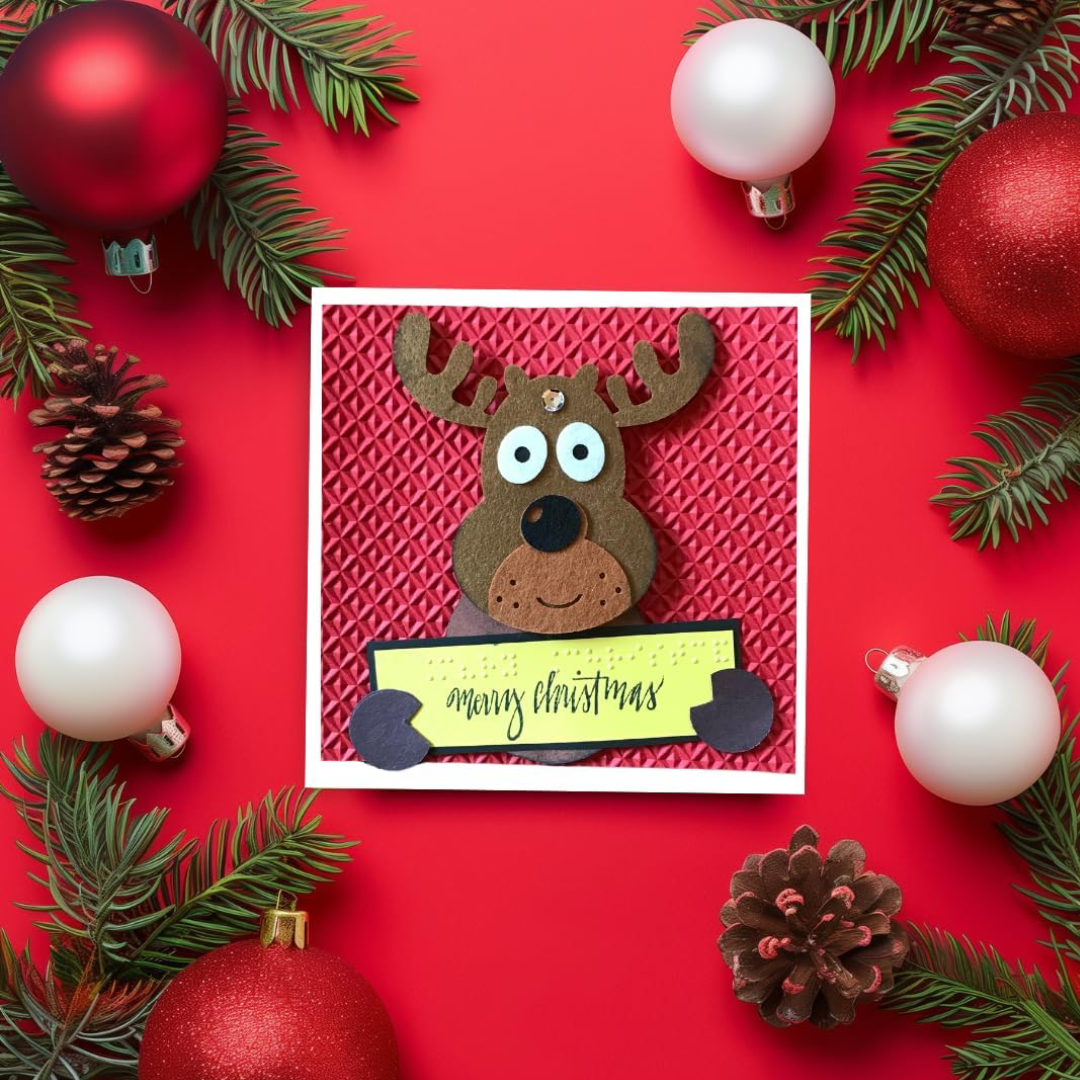 Braille Christmas Greeting Card – "Playful Reindeer with sign"