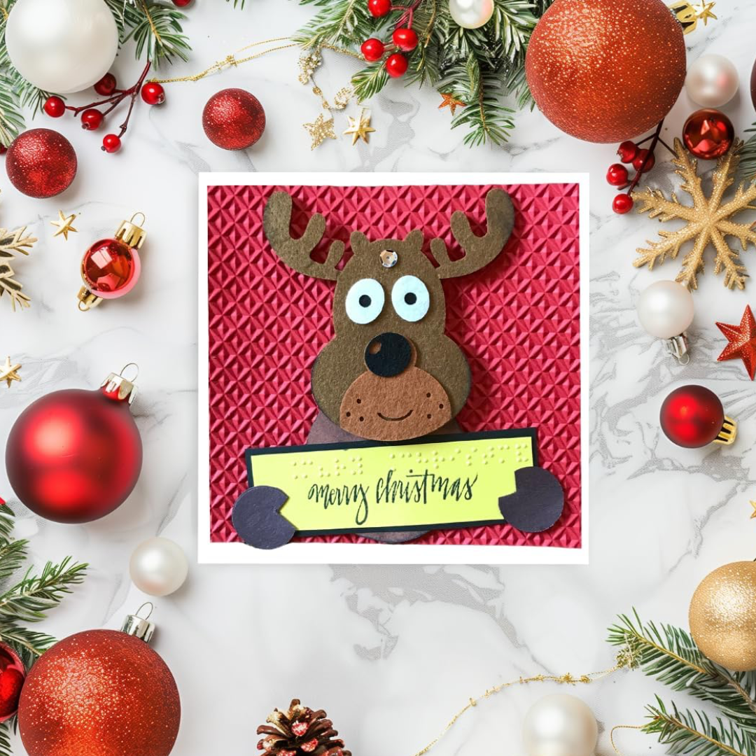Braille Christmas Greeting Card – "Playful Reindeer with sign"