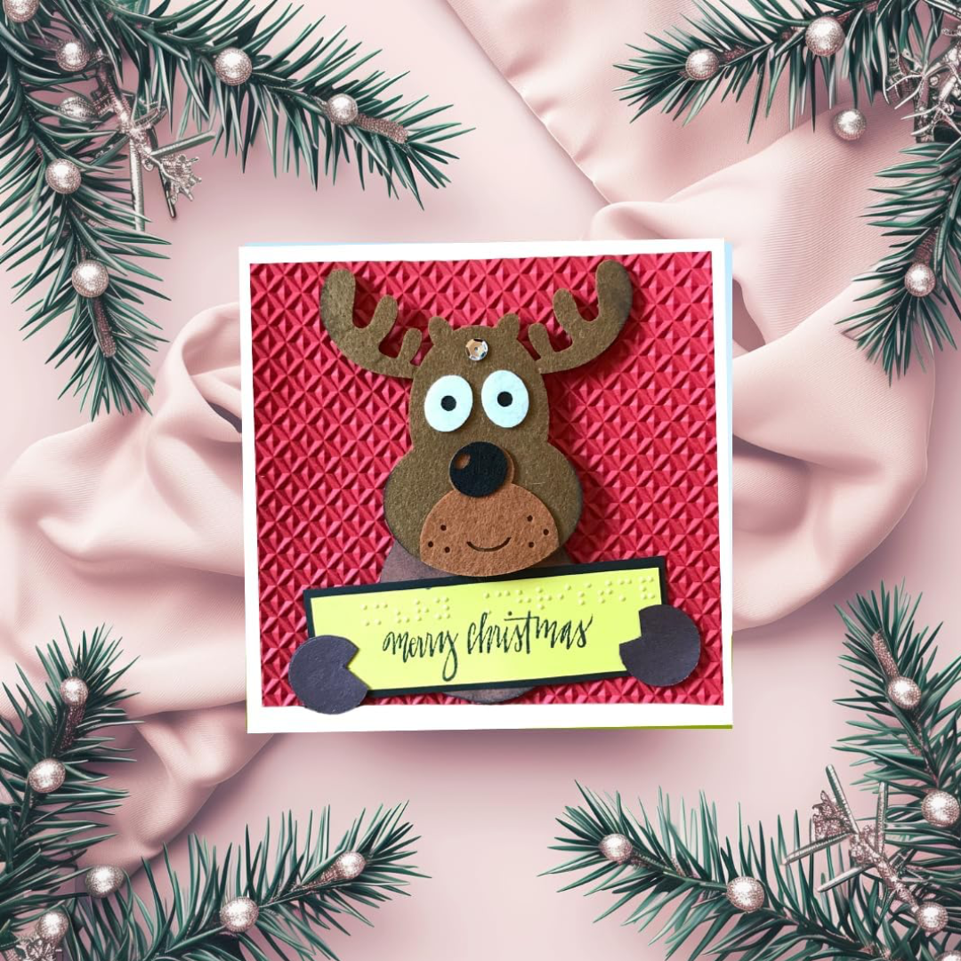 Braille Christmas Greeting Card – "Playful Reindeer with sign"