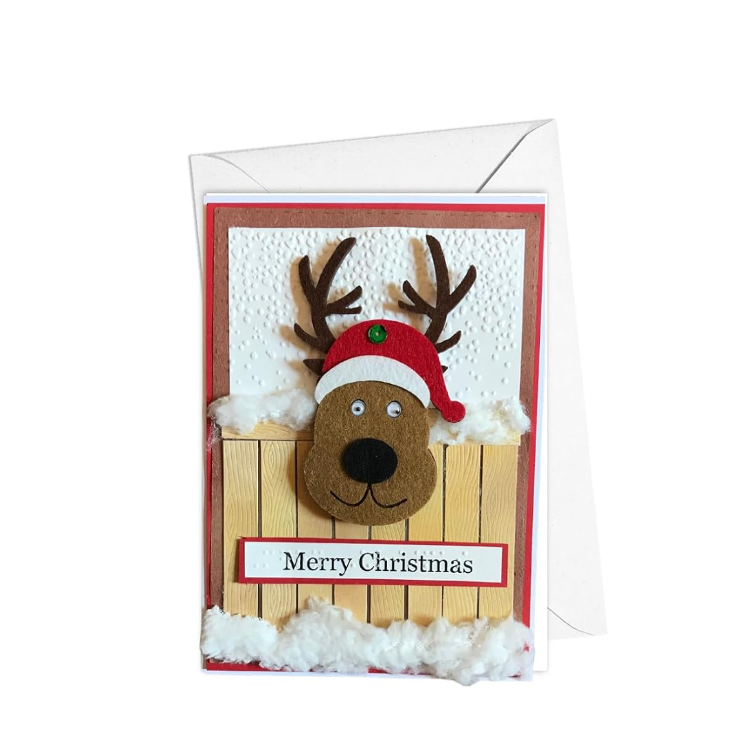 Braille Christmas Greeting Card – Festive Reindeer at Fence
