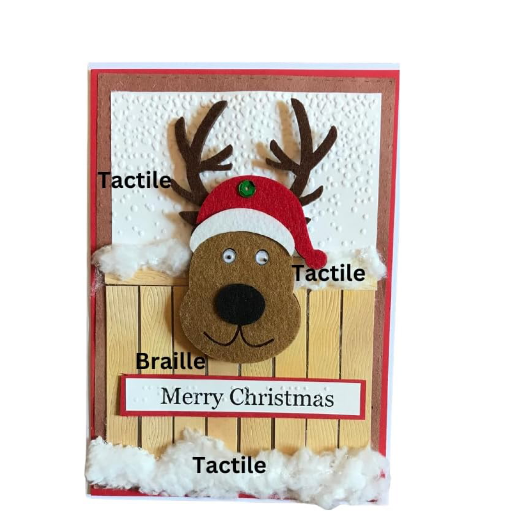 Braille Christmas Greeting Card – Festive Reindeer at Fence