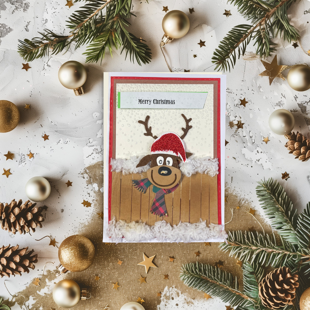 A handmade Christmas greeting card featuring a cartoon reindeer wearing a red Santa hat and plaid scarf, set against a rustic flat-lay background with pine branches, gold ornaments, and star decorations.