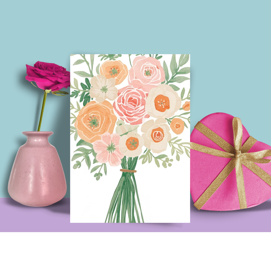 Floral card with a pink vase and heart-shaped gift box on a purple and blue gradient background