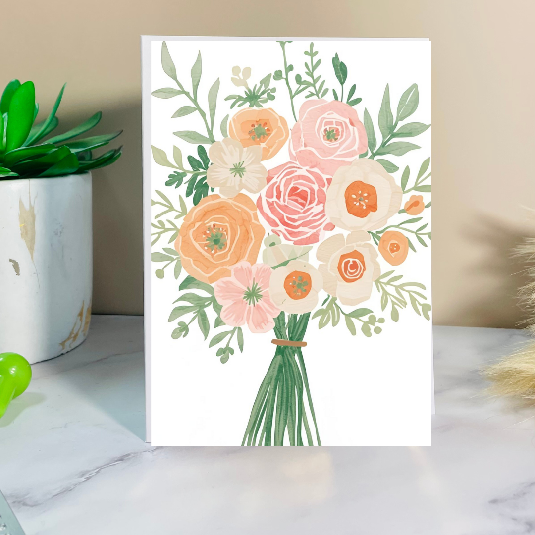 Floral card with a bouquet of flowers on a marble surface.