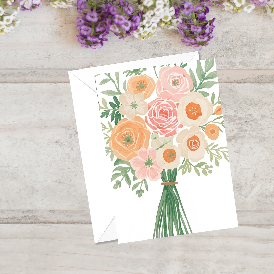 Floral card with a bouquet of flowers on a wooden surface with flowers in the background