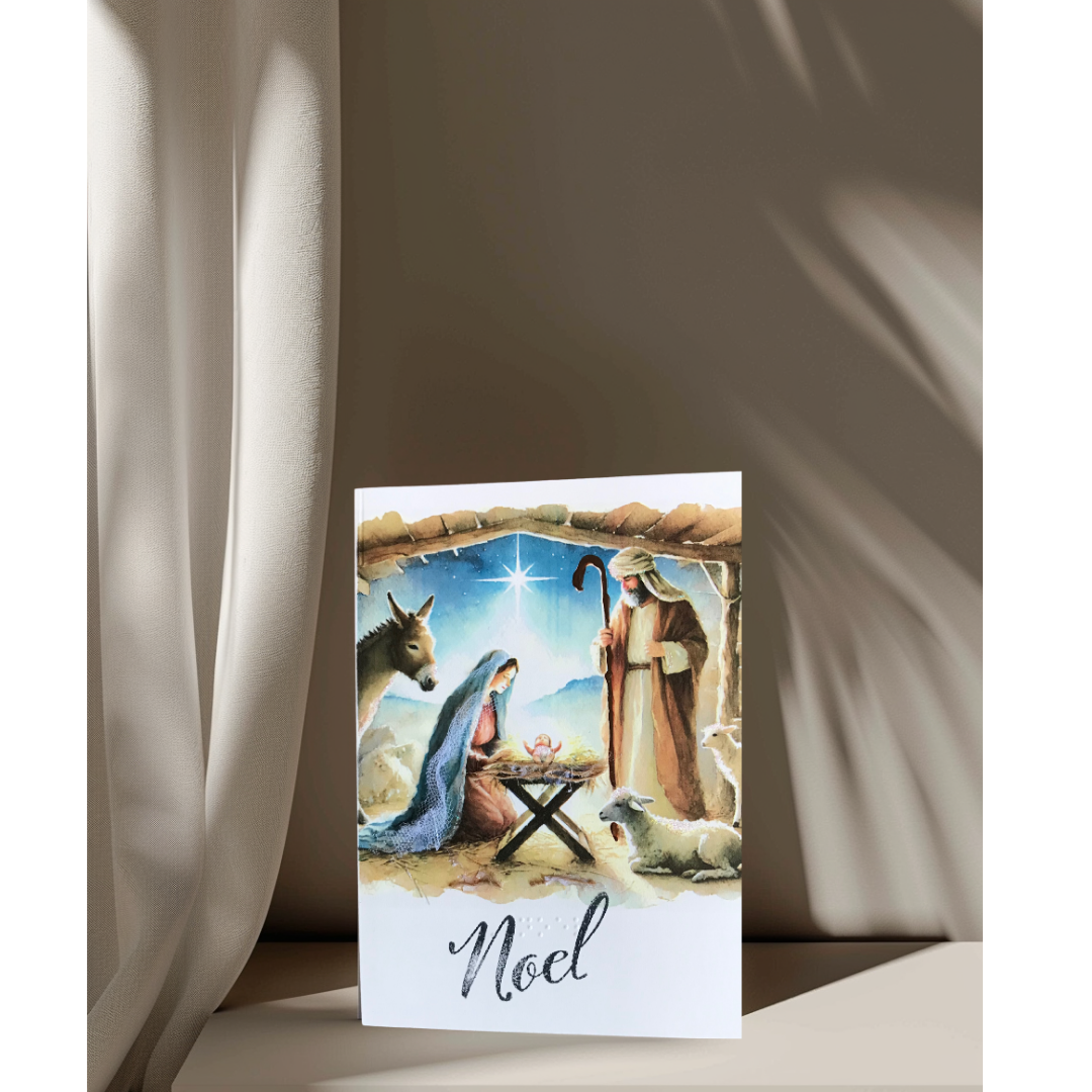 Nativity Watercolor Christmas Greeting Card Tactile Braille Large Print "Noel"