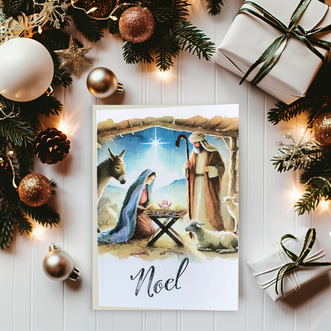 Nativity Watercolor Christmas Greeting Card Tactile Braille Large Print "Noel"