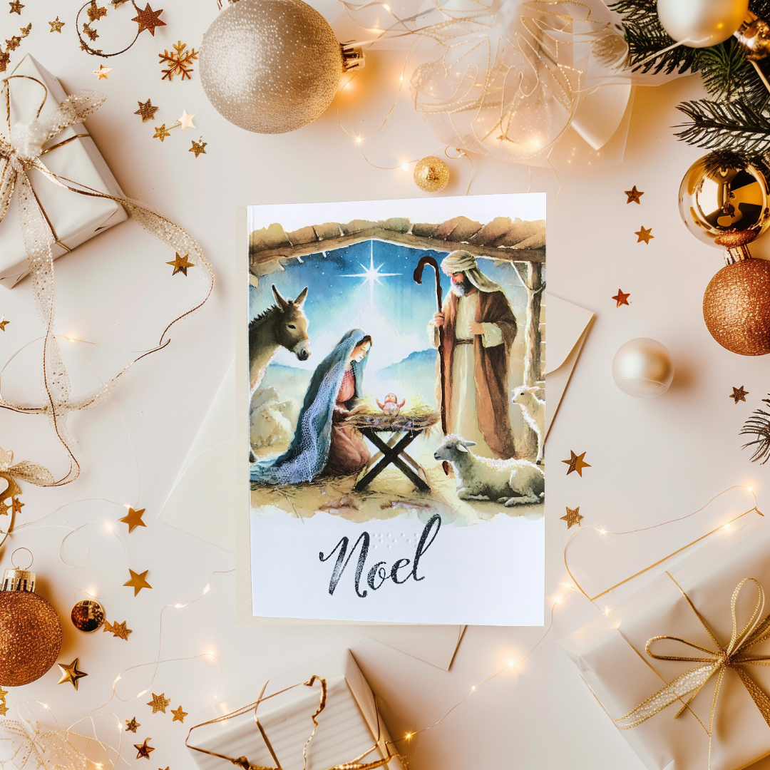Nativity Watercolor Christmas Greeting Card Tactile Braille Large Print "Noel"