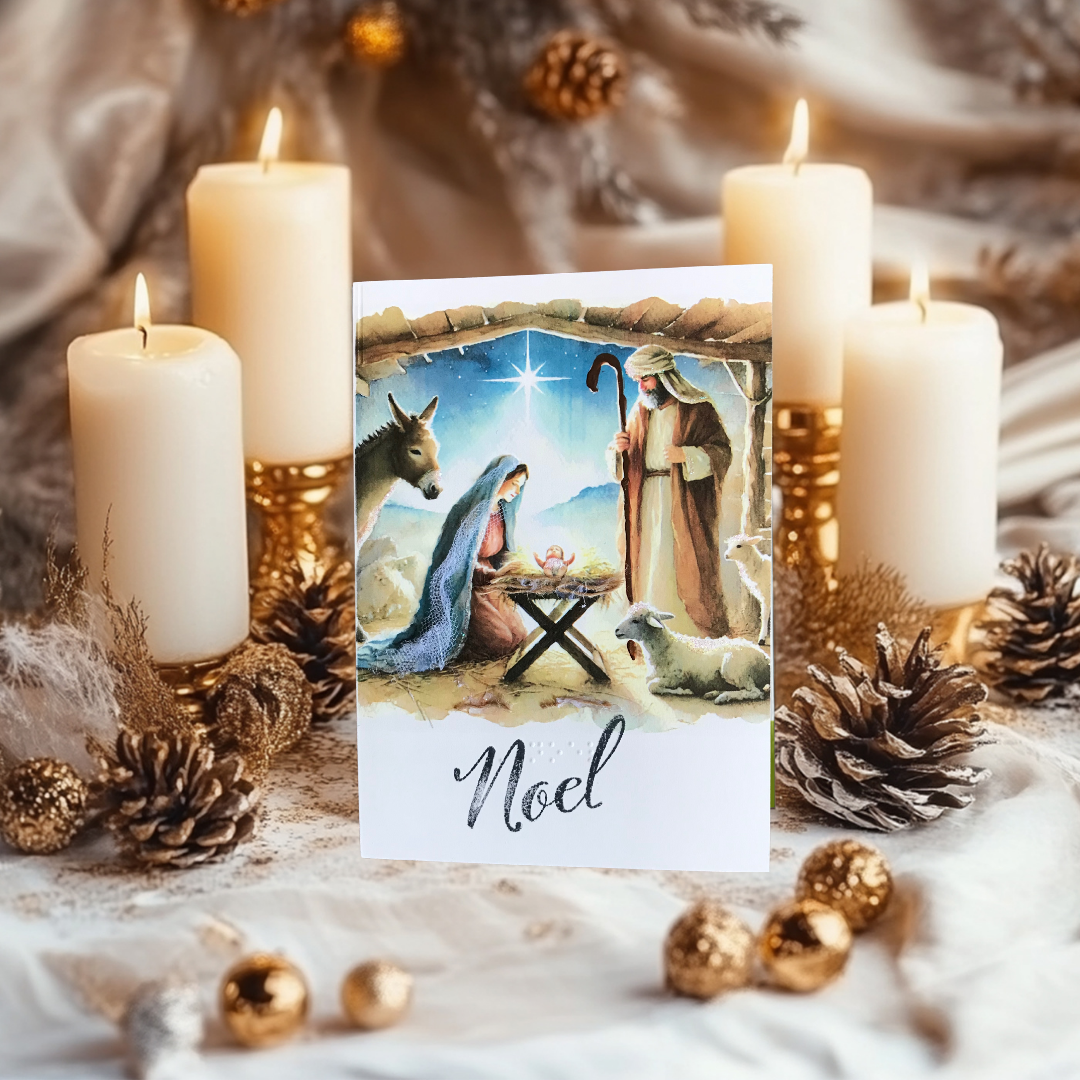 Nativity Watercolor Christmas Greeting Card Tactile Braille Large Print "Noel"