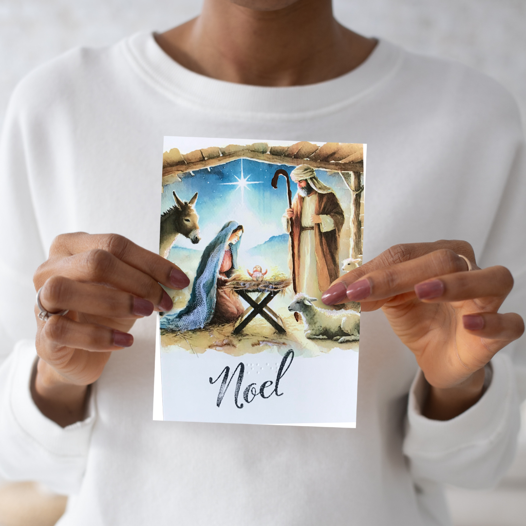 Nativity Watercolor Christmas Greeting Card Tactile Braille Large Print "Noel"