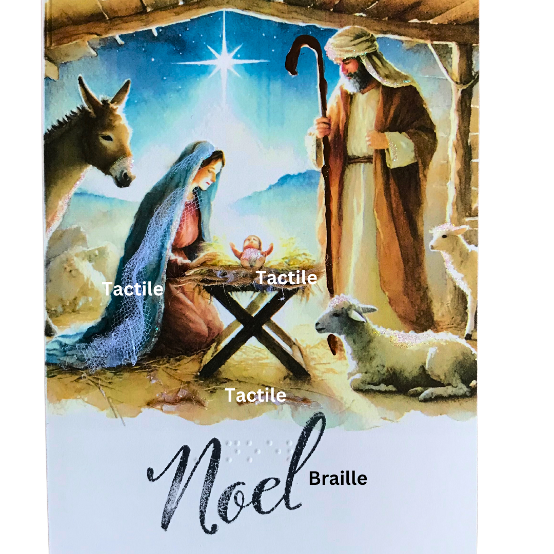 Nativity Watercolor Christmas Greeting Card Tactile Braille Large Print "Noel"