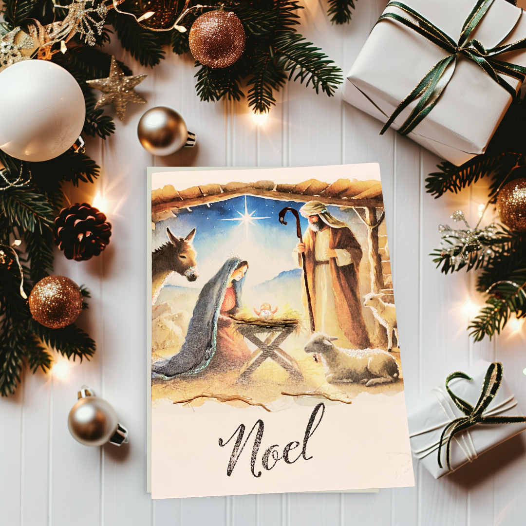 Nativity Watercolor Christmas Greeting Card Tactile Braille Large Print "Noel"