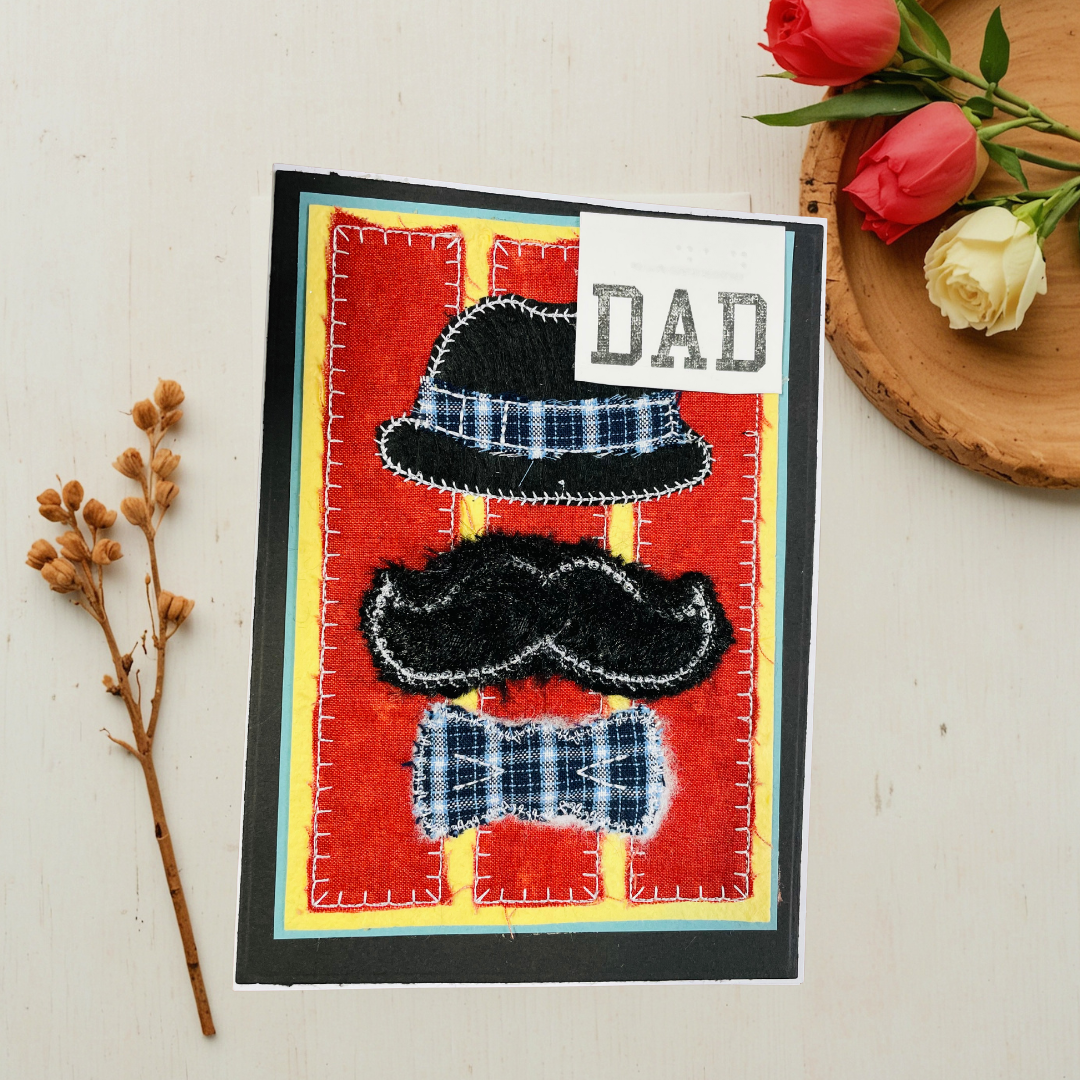 Braille Father's Day Card – Hat, Mustache & Bow Tie Embroidered Design