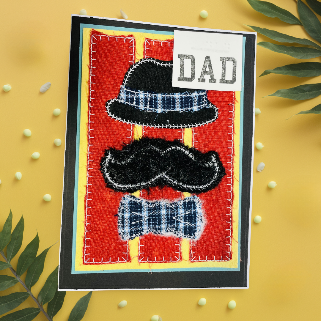 Braille Father's Day Card – Hat, Mustache & Bow Tie Embroidered Design