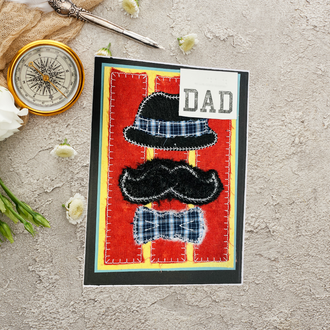 Braille Father's Day Card – Hat, Mustache & Bow Tie Embroidered Design