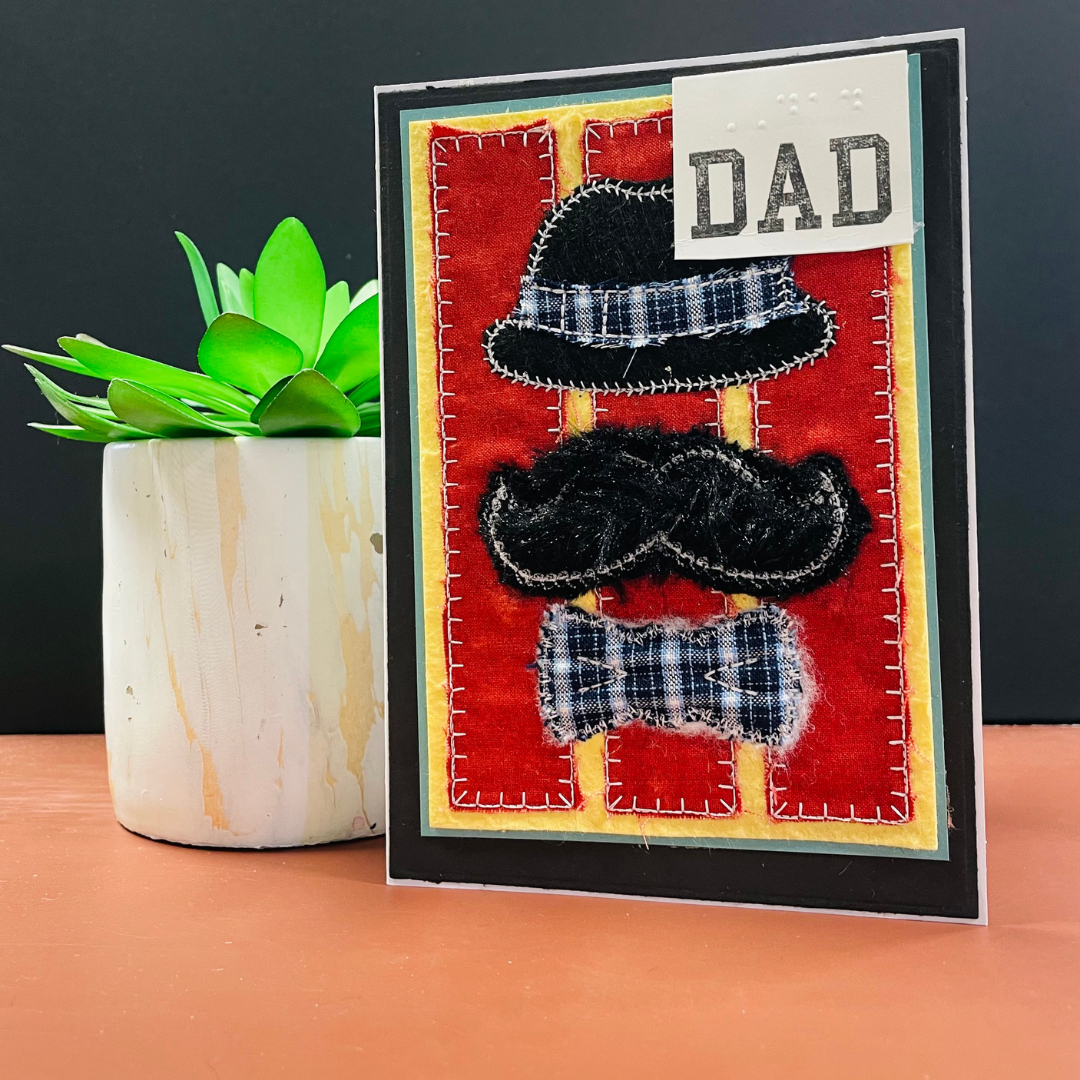 Braille Father's Day Card – Hat, Mustache & Bow Tie Embroidered Design