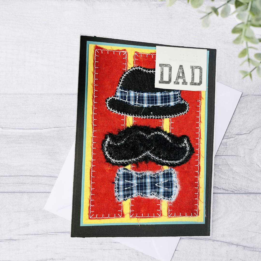 Braille Father's Day Card – Hat, Mustache & Bow Tie Embroidered Design