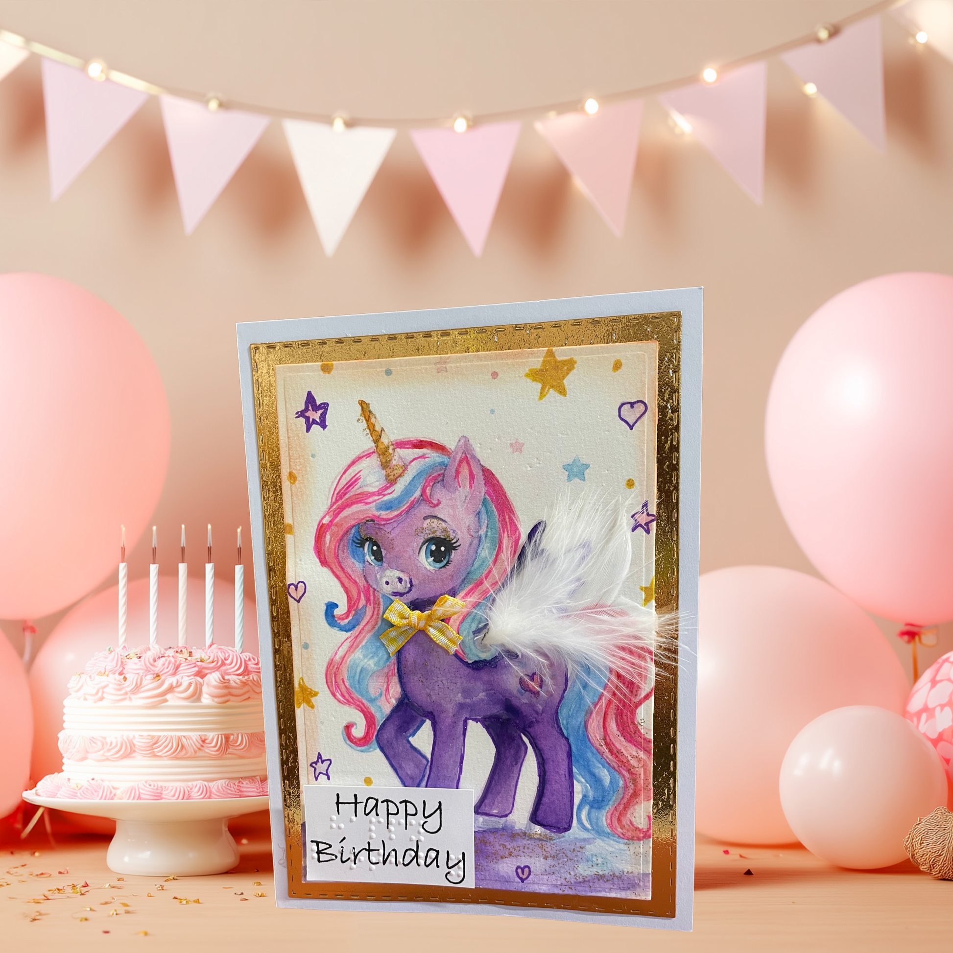 A handmade unicorn birthday card with a purple pony, pink and blue mane, and gold glitter border, displayed on a table with a birthday cake, balloons, and bunting in the background.