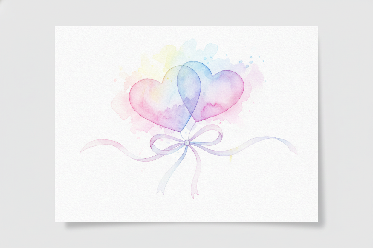 heart to heart drawing of hearts connected by a bow watercolor greeting card 