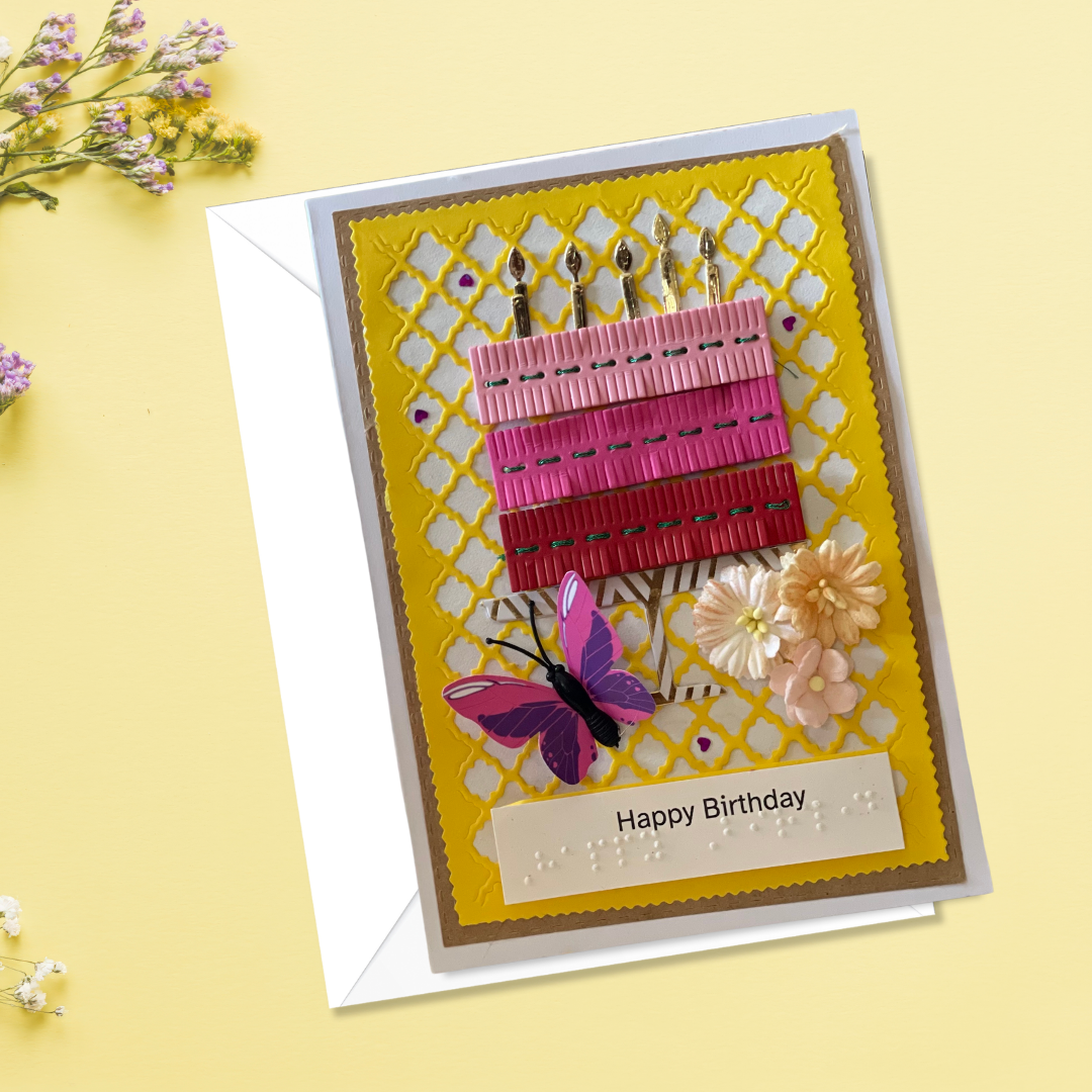 Handmade Braille & Large Print Birthday Card – Pink Stitched Cake Design