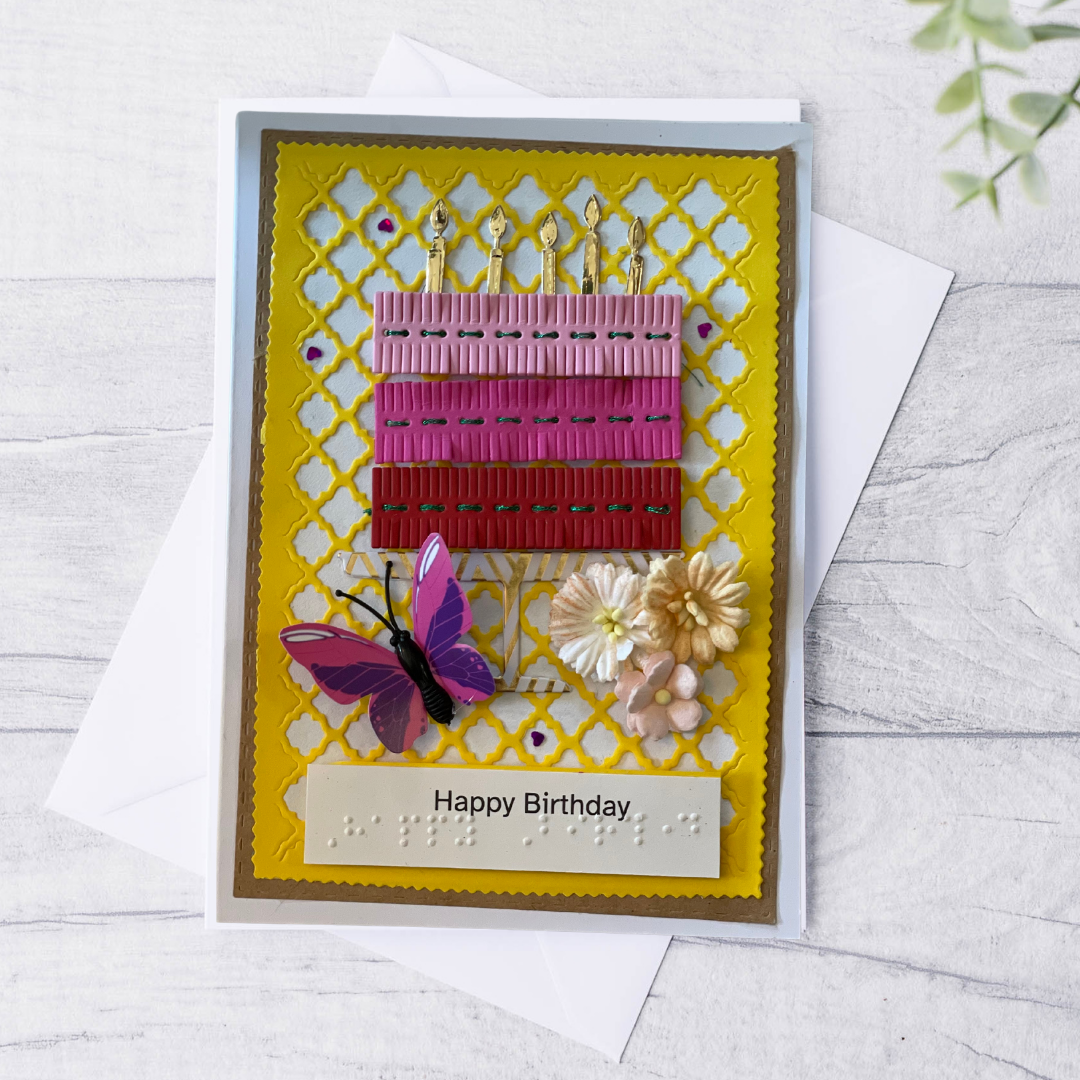 Handmade Braille & Large Print Birthday Card – Pink Stitched Cake Design